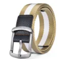 Casual canvas belt for men and women with durable metal pin buckle and stylish striped web design. - Khaki Stripe