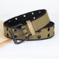 Men women casual canvas belt contrast color double prong buckle metal eyelets jeans waist accessory - Black Trim Khaki / 120cm