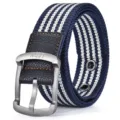 Men's casual canvas belt with blue and white stripes, metal pin buckle and PU leather loop. - Blue Stripe