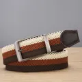 Modieuze Heren Gestreepte Geweven Stretch Riem Casual Tailleband met Draaibare Gesp - 110cm / Zilveren Gesp - Koffie Bruin Beige