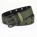 Green Canvas Belt Double Prong Metal Buckle Casual Unisex Eyelet Belt Army Green Style - Green with Black Edge / 120cm