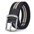 Men casual canvas belt with striped pattern and metal pin buckle for outdoor daily wear. - Black & White Stripes