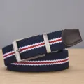 Heren casual geweven stretch riem met draaibare doorn gesp, ademend marineblauw ontwerp. - 110cm / Zilveren Gesp - Blauw Wit Rood