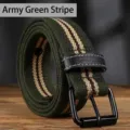Strapazierfähiger, dick gestreifter Segeltuchgürtel in Armeegrün mit schwarzer Schnalle - 120cm / Schwarze Schnalle (Armeegrüne Streifen)
