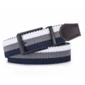 Heren casual geweven elastische riem met strepen, metalen gesp en lederen uiteinde. - 110cm / Zwarte Gesp - Blauw Grijs Wit