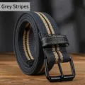 Verdickter Herren-Stoffgürtel mit Dornschließe und klassischem grauen Streifenmuster - 120cm / Schwarze Schnalle (Graue Streifen)