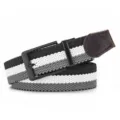 Heren geweven elastische stretch riem met zwarte metalen gesp en stijlvol gestreept ontwerp. - 110cm / Zwarte Gesp - Zwart Wit Grijs