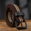 Hochwertiger Herren-Canvasgürtel mit Kaffeestreifen und schwarzer Doppeldornschnalle - 120cm / Schwarze Schnalle (Kaffeestreifen)