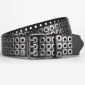 Schwarzer Punk-Ledergürtel mit mehrreihigen Metallösen und Dreibornschnalle, cool. - Schwarz Mit Gunmetal-Schnalle