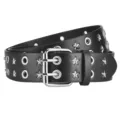 Men's punk leather belt with double grommets and metal star studs, stylish jeans pant waist belt - Black