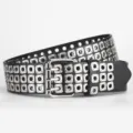 Schwarzer Punk Lederguertel PU Guertel Drei Reihen Oesen Dreifach Schnalle Unisex - Schwarz+Silberne Schnalle