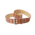 Brown punk grommet belt with double buckle and metal stars for stylish denim trousers. - Khaki