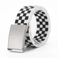 Men's Classic Black and White Checkerboard Canvas Belt with a Silver Alloy Buckle - Silver Clasp Black & White / 120cm