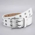 Cinturon blanco de doble ojal estilo punk con hebilla de dos puas para mujer - 110cm / Blanco