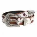 Western rhinestone cow print leather belt with vintage crystal carved buckle and metal studs. - Coffee Leopard Print / 120cm