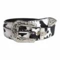 Black and white cow print western belt with sparkling rhinestones and metal crystal buckle. - Black Leopard / 110cm