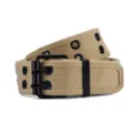 Durable casual canvas belt with double grommets and black metal pin buckle for daily wear - 110cm / Khaki