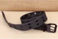 Dark grey canvas double grommet belt featuring a metal double pin buckle variant view. - Gray