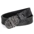 Embossed western cowboy leather belt with vintage metal cross buckle and stylish rivets. - Style C Black