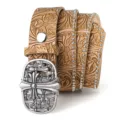 Vintage embossed floral leather belt with unique metal cross buckle western style. - Style C Khaki