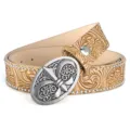 Vintage western floral embossed leather belt with metal buckle and beaded edge design. - Style D, Khaki