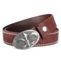 Vintage embossed western cowboy leather belt with alloy carved oval buckle and beaded edge. - Style D, Coffee