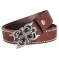 Vintage embossed leather belt featuring ornate metal cross buckle and stylish studded edges - Style A Coffee