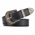 Vintage black leather belt for women with ornate engraved gold buckle and tip. - 105cm / Black (Gold Buckle)