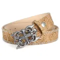 Vintage light leather belt with gothic cross metal buckle and embossed floral details - Style A Khaki