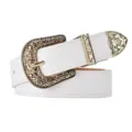 Western style white faux leather belt with ornate vintage gold carved buckle detail - 105cm / White (Gold Buckle)