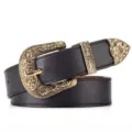 Vintage western belt for women featuring an ornate floral engraved gold buckle set - 105cm / Gold Buckle Coffee