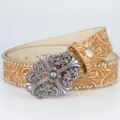 Retro embossed leather belt with ornate silver cross buckle, stylish western waist accessory. - Style B Khaki
