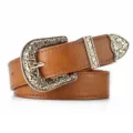 Vintage brown leather belt for women featuring an ornate gold-tone carved buckle and tip - 105cm / Gold Buckle Khaki