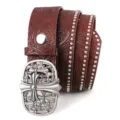 Red embossed western leather belt with vintage cross metal buckle and rivet trim style. - Style C Brown