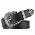 Vintage Western style women's black belt with ornate silver carved buckle and tip set - 105cm / Black (Silver Buckle)