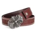 Vintage embossed leather belt with ornate silver cross buckle and studded details for men women. - Style E Coffee