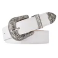 White western vintage leather belt with ornate carved silver metal buckle - 105cm / White (Silver Buckle)