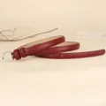 Elegant wine red thin leather belt for women with a minimalist silver oval buckle design - 110cm / Burgundy