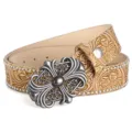 Embossed vintage western leather belt with ornate cross buckle and beaded edge design - Style E Khaki