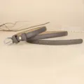 Elegant slim gray leather belt for women featuring a vintage silver oval metal buckle - 110cm / Light Gray