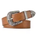 Vintage brown leather belt with ornate floral silver buckle for women's dress decor - 105cm / Khaki With Silver Buckle
