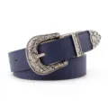 Vintage style navy blue faux leather belt featuring an ornate silver-tone engraved hardware set - 105cm / Navy Blue with Silver Buckle