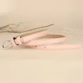 Elegant slim pink leather belt for women featuring a polished silver metal pin buckle - 110cm / Pink