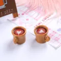 Close-up of miniature resin coffee cups with red heart latte art design for dollhouse - 咖色杯加爱心拉花 / 2 Pcs/Set / Coffee