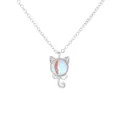 Cute cat pendant necklace featuring an iridescent moonstone on a clean white background. - Moonstone Cat Style / Pendant + Chain Set / Silver