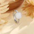 Anello regolabile in argento con giada Hetian bianca quadrata e design a catena elegante - Regolabile / Stile Catena Giada Bianca / Oro bianco