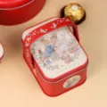 Scatola regalo per matrimonio in metallo rosso con illustrazione di coniglietto, ideale per dolci. - Scatola portatile per matrimonio coniglietto-08