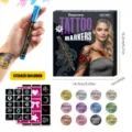 Temporary tattoo markers set with stencil stickers, colorful body paint pens for kids art. - 12-Color Tattoo Pen Set