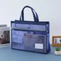 Blue mesh tote bag with zipper, large capacity file document organizer for office and daily use. - Dark Blue