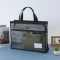 Black mesh tote bag, large capacity document organizer with zipper and transparent front pocket. - Black